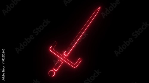 a stylized, red neon-outline illustration of a sword, a modern glowing neon sign. 4k neon animation videos