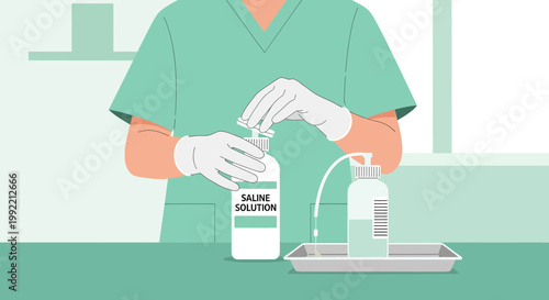 Nurse prepares saline solution for medical procedure, sterile equipment, healthcare concept