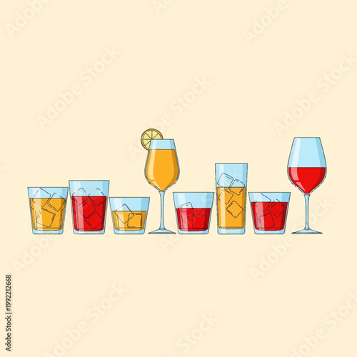 Vector illustration of a horizontal row featuring various glassware styles including wine, highball, and rocks glasses filled with orange and red liquids, ice cubes, and lemon garnish