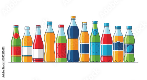 Collection of assorted colorful beverage bottles in a horizontal row including soda, juice, and water containers with blank labels isolated on a white background vector illustration.