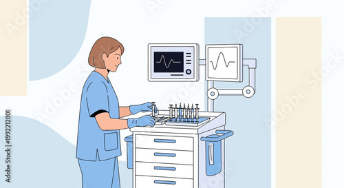 Nurse Preparing Medical Equipment for Surgery in Operating Room