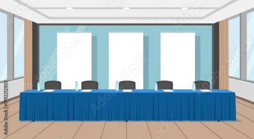 Vector illustration of a professional conference room setup featuring a long table with a blue tablecloth, five black chairs, water bottles, and three blank white vertical banners.