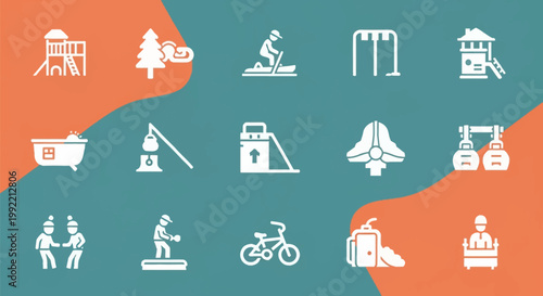 Vector icon set of outdoor recreation and leisure activities including playground equipment, kayaking, cycling, camping gear, and park facilities on a split color background.