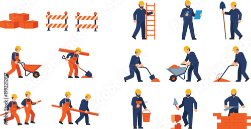 Construction Worker Activities and Tools Vector Set Featuring Builders Digging Carrying Materials Using Ladder Wheelbarrow and Equipment for Building Site Design