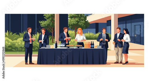 Vector illustration of business professionals in formal attire socializing at an outdoor corporate event featuring a catered buffet table with appetizers and drinks in a courtyard.