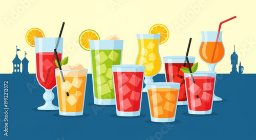 Colorful flat vector illustration of assorted summer cocktails and fruit drinks with ice cubes, straws, mint, orange and lime garnishes on a dark blue surface background.