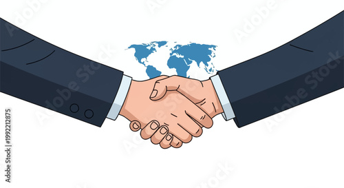 Vector illustration of two businessmen in dark blue suits shaking hands in front of a blue world map backdrop, representing international business partnerships and global cooperation.