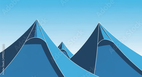 Minimalist vector illustration of blue triangular tent peaks and architectural canopy structures with sharp geometric lines and white outlines against a clear sky background.