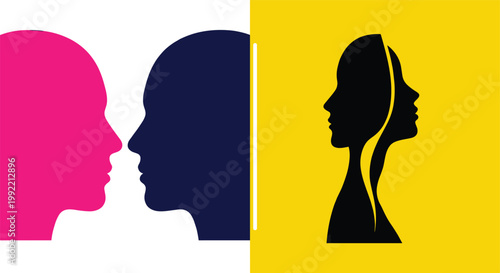 Human face profile silhouettes with dual identity concept showing contrast individuality and psychological perception in modern design