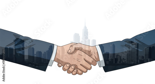 Illustration of two business people shaking hands featuring a double exposure effect with a metropolitan city skyline and skyscrapers, isolated on a white background.