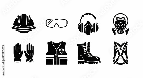 Black and white vector icons of personal protective equipment featuring a safety helmet, goggles, respirator mask, gas mask, work gloves, high-visibility vest, steel toe boots, and harness.