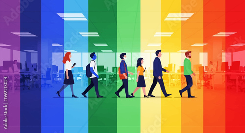 Vector illustration showing a diverse group of professional office workers walking across a modern open-plan workspace with a vertical rainbow color spectrum overlay for inclusion.