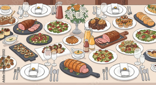Overhead illustration of a festive banquet table featuring a large variety of food including roasted meats, fresh salads, appetizers, bread, and soup with formal place settings.