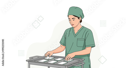 Nurse Preparing Medical Supplies for Surgery in Operating Room