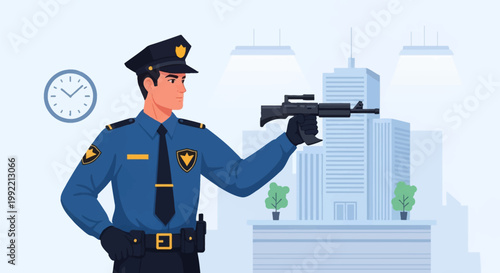 Vector illustration of a professional security guard in a blue uniform and peaked cap, holding a tactical firearm in front of a corporate office building and city skyline.