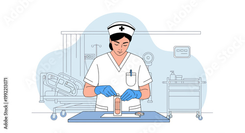 Nurse Preparing Medical Supplies in Hospital Room with Patient Bed