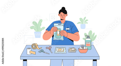 Nurse Preparing Medical Supplies for Wound Care and Treatment