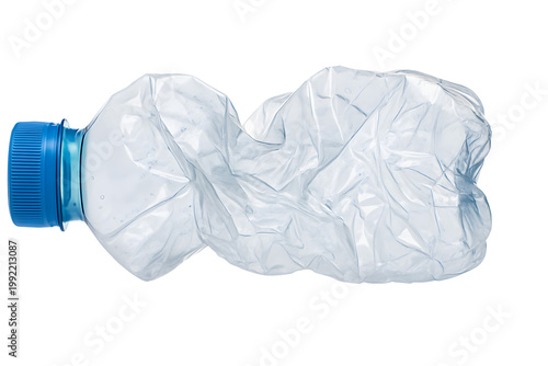 Empty crushed plastic water bottle with cap isolated on transparent background