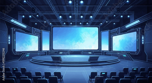 Futuristic corporate auditorium with a circular stage, five large blue digital screens, overhead lighting trusses, and empty audience seating in a dark high-tech presentation hall.