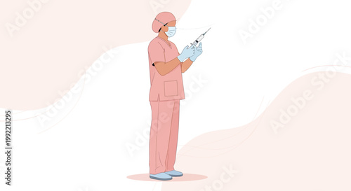 Nurse preparing syringe for injection in operating room, medical procedure concept