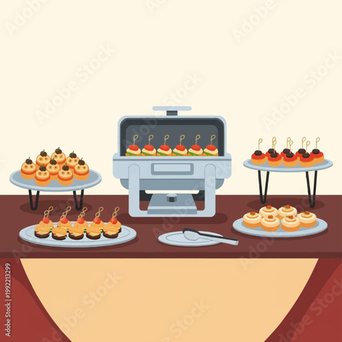Flat vector illustration of a catering buffet table featuring various appetizers like mini sliders, canapés in a chafing dish, and savory pastries on tiered serving platters.