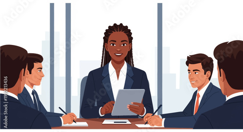 Vector illustration of a professional Black woman with long braids wearing a blue suit, holding a digital tablet while leading a boardroom meeting with multi-ethnic male colleagues.