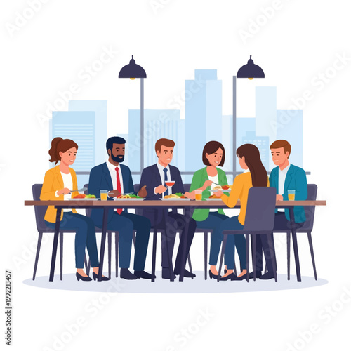 Vector illustration of a diverse group of professional coworkers sitting at a long table eating a meal together in a modern office canteen with a blue city skyline background.