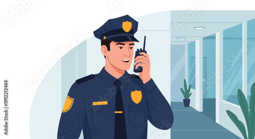 Vector illustration of a male security officer in a dark blue uniform and peaked cap talking on a handheld radio while patrolling a modern office building hallway interior.