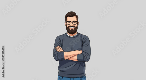 Vector illustration of a man with a beard and black eyeglasses wearing a dark grey sweatshirt and blue jeans standing with arms crossed and smiling on a solid grey background.