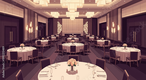 Modern luxury banquet hall vector illustration with multiple round dining tables, white tablecloths, floral centerpieces, formal place settings, and large geometric chandeliers.