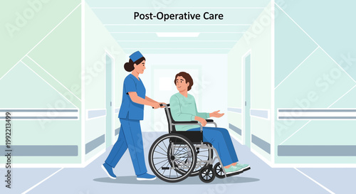 Nurse pushing patient in wheelchair down hospital corridor after surgery
