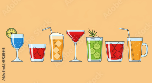 Diverse set of seven cocktail and beverage illustrations in various glass types featuring ice cubes, lime slices, and straws, presented in a flat vector style on a tan background.
