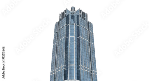 Architectural 3D rendering of a modern corporate skyscraper featuring blue glass window panels and a central spire, isolated on a white background for urban design concepts.