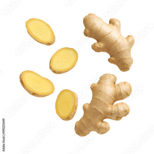 Fresh ginger root with sliced pieces isolated on transparent background