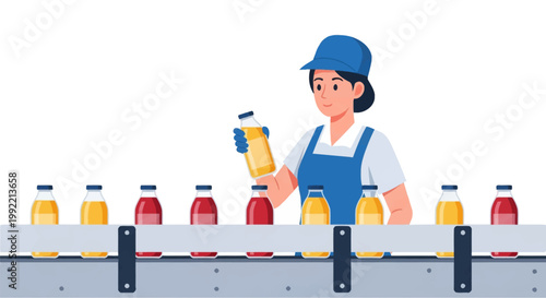 Female factory worker in blue uniform and gloves inspecting glass bottles of juice on a conveyor belt in a production facility, flat vector illustration on white background.