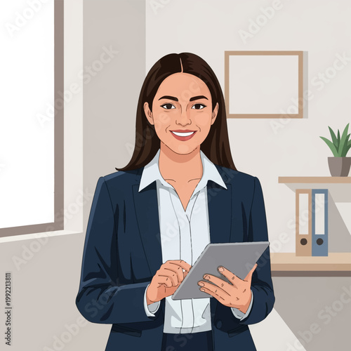 Vector illustration of a smiling young Hispanic professional woman in a navy blue blazer holding a digital tablet, standing in a modern office with a shelf, plant, and wall decor.