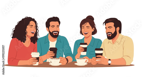 Vector illustration of four diverse young adults laughing and talking together at a cafe table with paper coffee cups and ceramic mugs of latte, isolated on a white background.