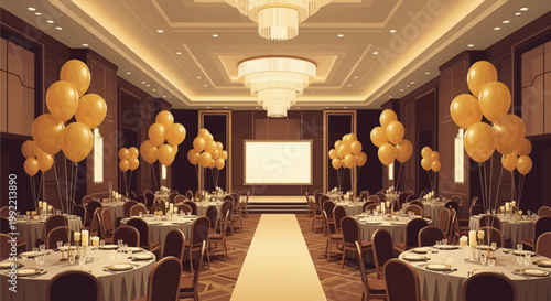 Interior view of a grand ballroom decorated for a formal gala, featuring round dinner tables with place settings, gold balloons, crystal chandeliers, and a central white aisle runner.