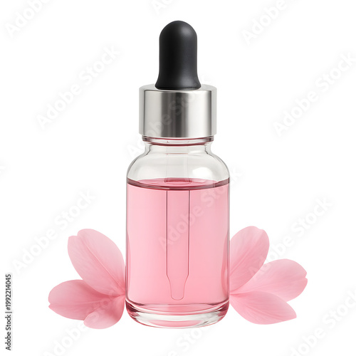 Glass cosmetic dropper bottle with pink liquid and flower petals isolated on transparent background