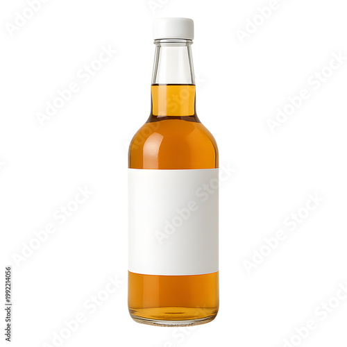 Glass bottle filled with liquid and blank label isolated on transparent background