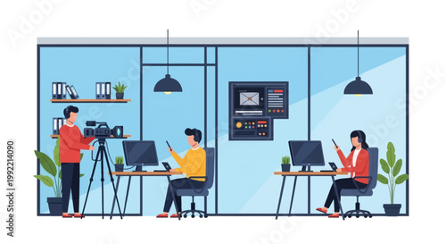 Flat vector illustration of a professional media production team working in a modern office studio featuring a camera operator and two editors at computer workstations.