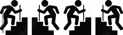 Sequence of a person climbing a set of stairs with a tool in hand