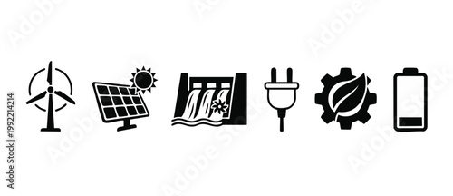 Renewable Energy Icons Set with Wind Turbine Solar Panel Hydroelectric Dam and Power Storage for Sustainable Green Power Solutions and Eco Friendly Technology Concepts for Modern Industrial Infrastruc