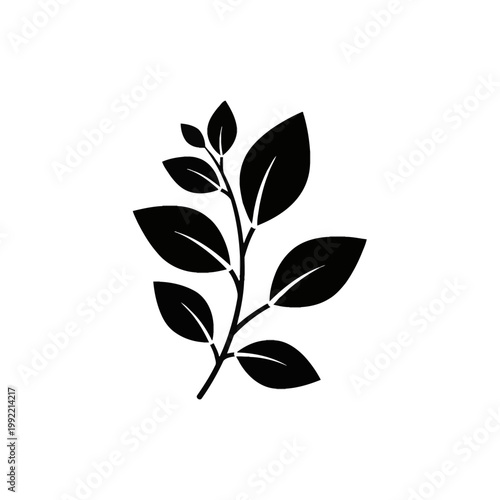 Minimalist black silhouette of a botanical branch featuring multiple pointed elliptical leaves and small buds, isolated on white background, flat vector illustration icon style.