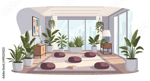 Vector illustration of a modern interior room with green potted plants, floor cushions on a rug, floor-to-ceiling windows with a city view, and minimalist furniture and decor.