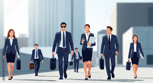 Flat vector illustration of a diverse group of business professionals walking forward in an urban environment. Men and women in corporate suits with briefcases and folders.