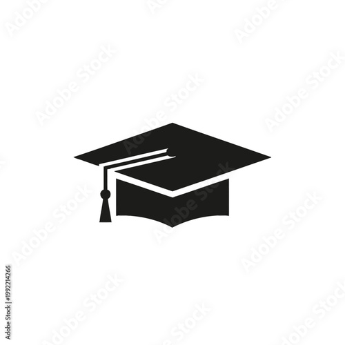 Minimalist black graduation cap icon isolated on a white background. Vector illustration of a mortarboard with a tassel symbolising academic achievement, education, and graduation.