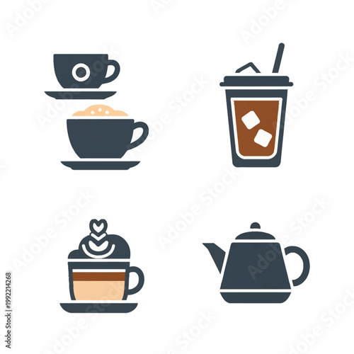 Set of solid vector icons featuring a coffee cup and saucer, frothy cappuccino, iced coffee with straw and ice cubes, layered latte with heart foam art, and a traditional teapot.