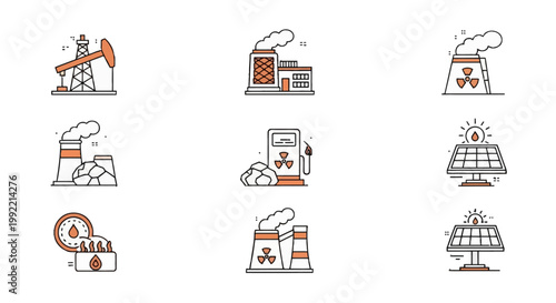 Energy and fuel industry line icon set featuring oil pump jack, industrial factory, nuclear power plant cooling towers, solar panels, coal energy, petrol station, and flammable fuel gauge symbols.