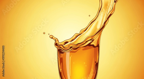 A dynamic vector illustration showing a golden amber liquid splashing upwards from a transparent glass vessel with flying droplets against a soft yellow gradient background.